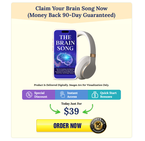 The Brain Song pricing graphic with digital product, $39 offer, and 90-day guarantee